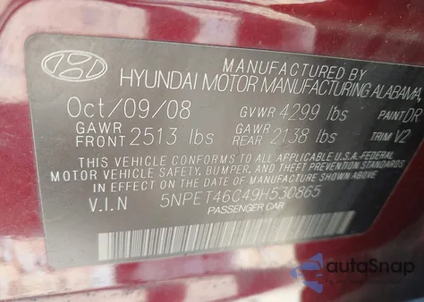 2009 Hyundai Sonata Gls from USA, damaged, VIN 5NPET46C49H530865